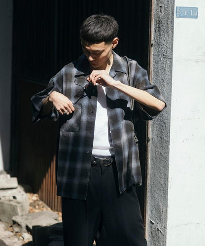 磨邊處理 開領 漸變格子襯衫 短袖