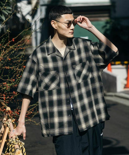 磨邊處理 開領 漸變格子襯衫 短袖