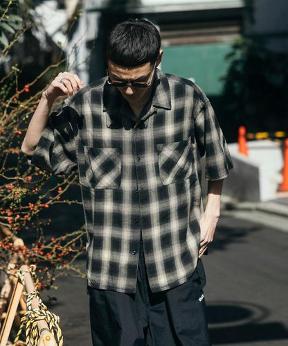 磨邊處理 開領 漸變格子襯衫 短袖