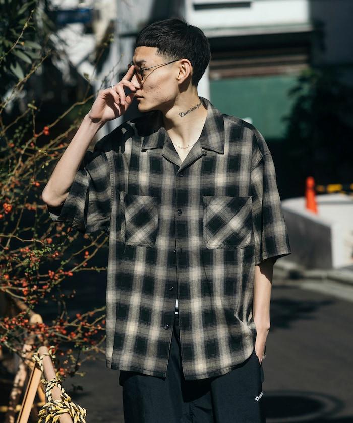 磨邊處理 開領 漸變格子襯衫 短袖