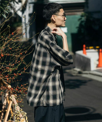 磨邊處理 開領 漸變格子襯衫 短袖