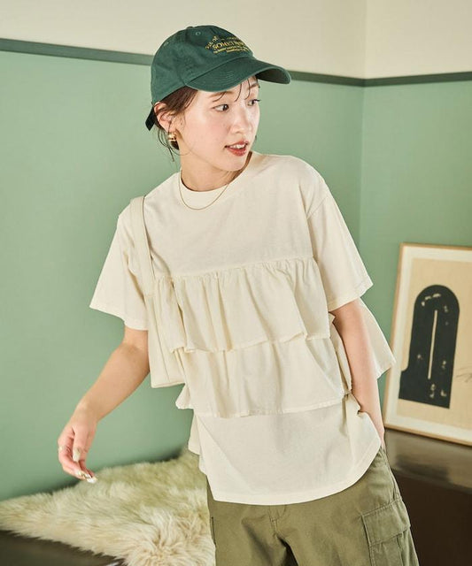 顏料加工 2層褶邊 短袖 T恤