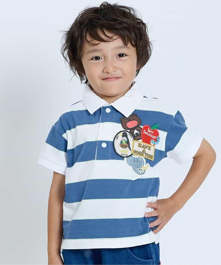 帶有許多繡章的條紋Polo衫