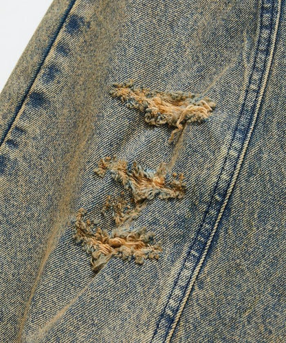 雙腰破洞寬鬆修身褲裙牛仔褲