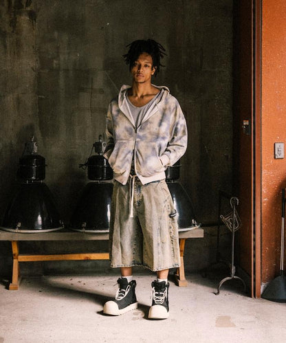 雙腰破洞寬鬆修身褲裙牛仔褲