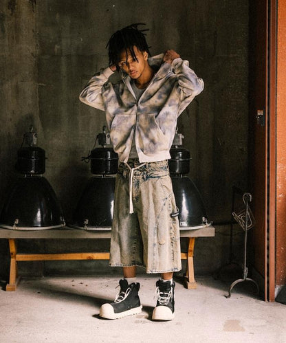 雙腰破洞寬鬆修身褲裙牛仔褲