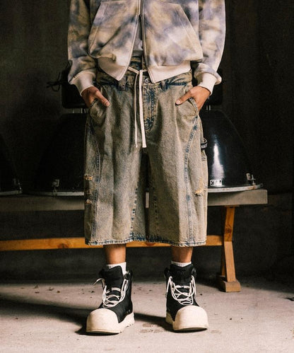 雙腰破洞寬鬆修身褲裙牛仔褲