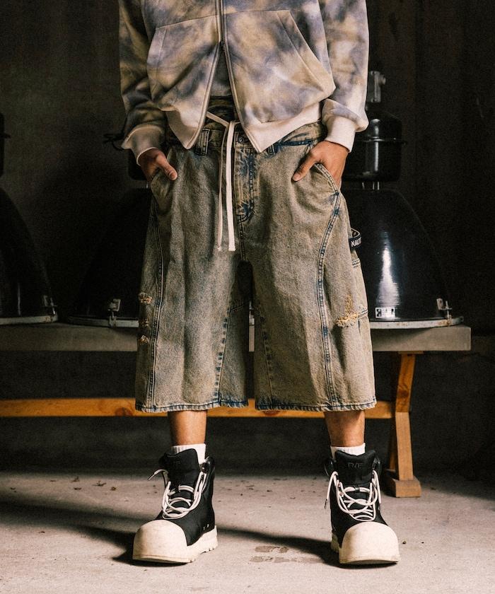 雙腰破洞寬鬆修身褲裙牛仔褲