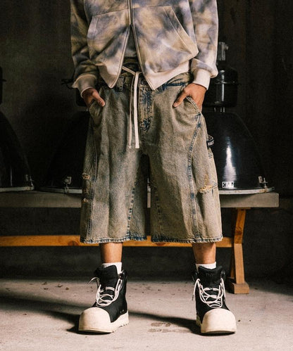 雙腰破洞寬鬆修身褲裙牛仔褲