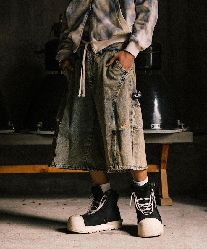 雙腰破洞寬鬆修身褲裙牛仔褲