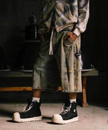 雙腰破洞寬鬆修身褲裙牛仔褲