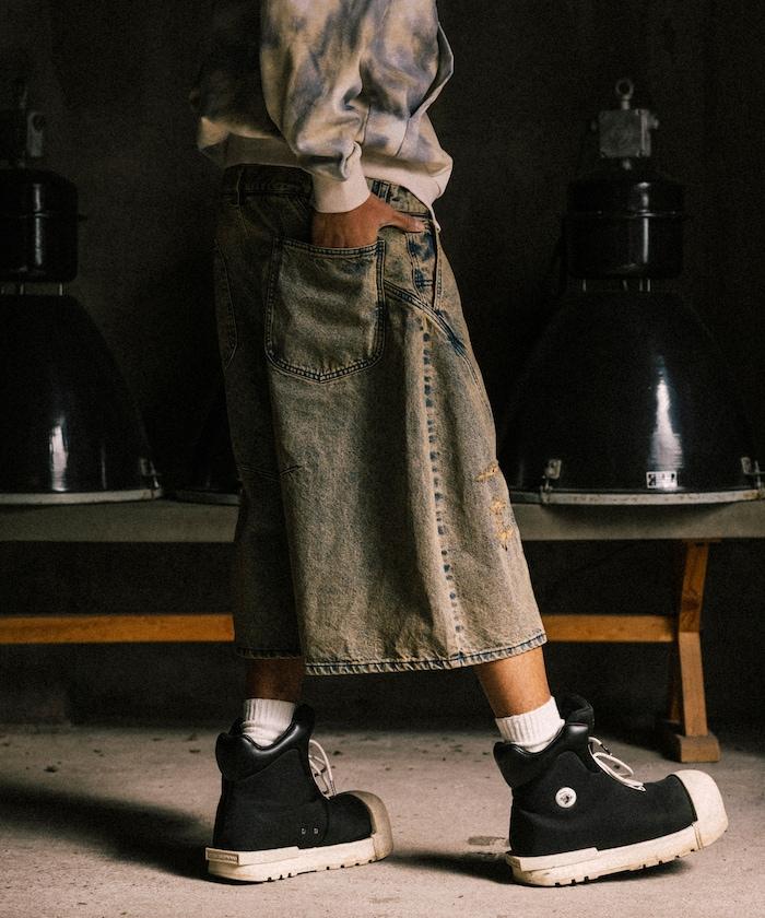 雙腰破洞寬鬆修身褲裙牛仔褲