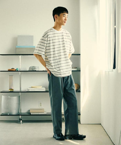 BASIC標誌刺繡T恤條紋/一點刺繡條紋T恤/短袖