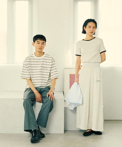 BASIC標誌刺繡T恤條紋/一點刺繡條紋T恤/短袖