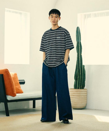 BASIC標誌刺繡T恤條紋/一點刺繡條紋T恤/短袖