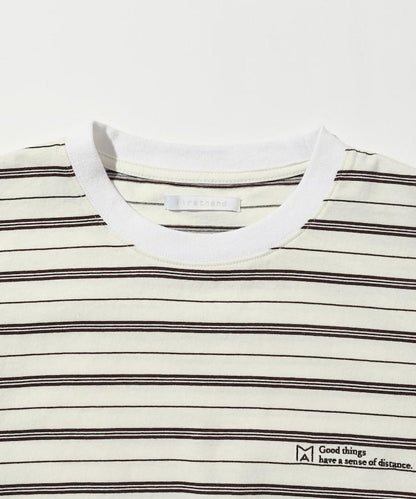 BASIC標誌刺繡T恤條紋/一點刺繡條紋T恤/短袖