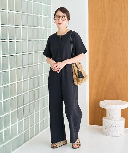 輕鬆款前開扣短袖連體褲