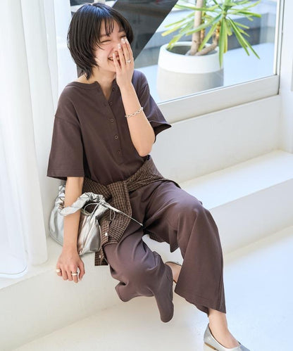 輕鬆款前開扣短袖連體褲