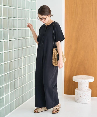 輕鬆款前開扣短袖連體褲