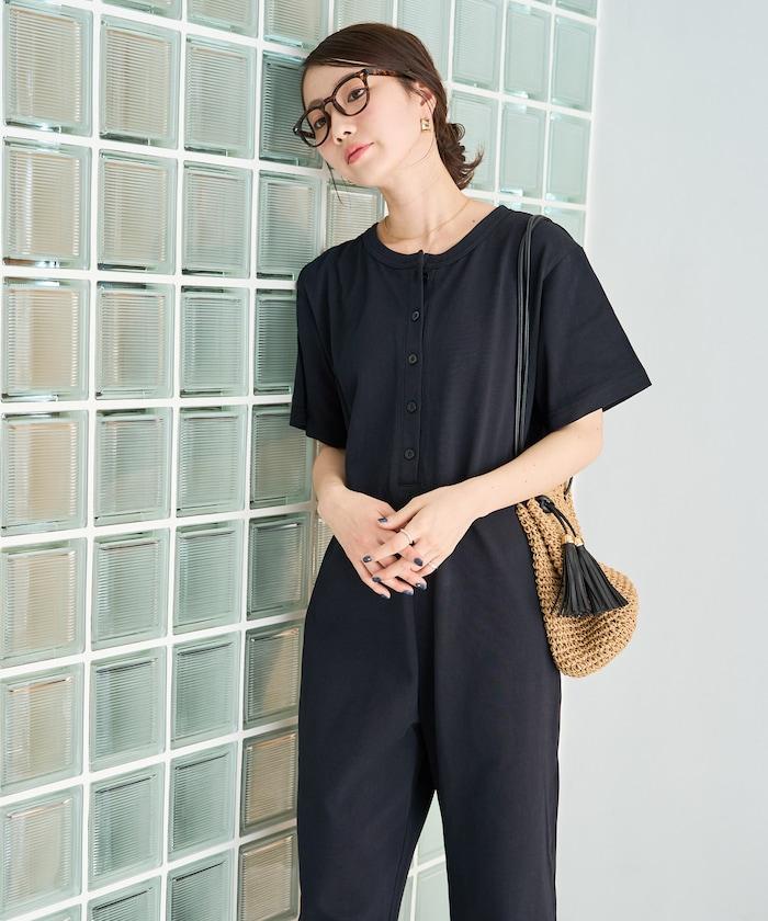 輕鬆款前開扣短袖連體褲