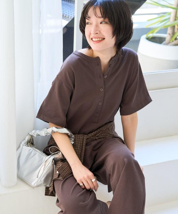 輕鬆款前開扣短袖連體褲