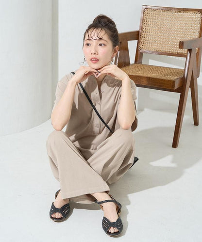 輕鬆款前開扣短袖連體褲