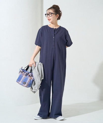 輕鬆款前開扣短袖連體褲