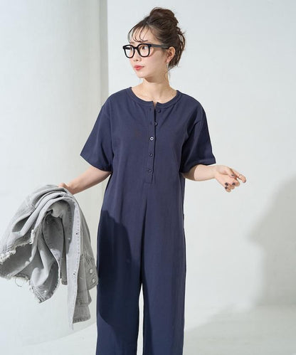 輕鬆款前開扣短袖連體褲