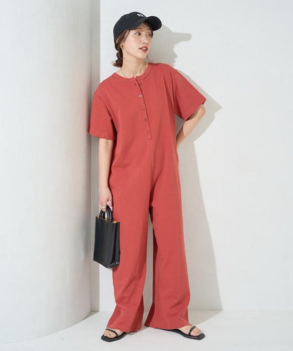 輕鬆款前開扣短袖連體褲