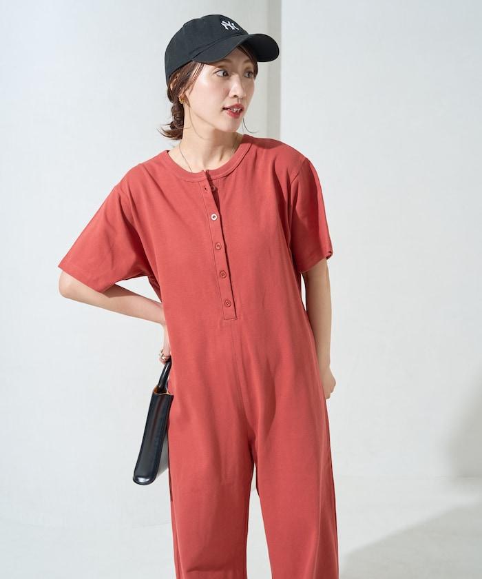 輕鬆款前開扣短袖連體褲