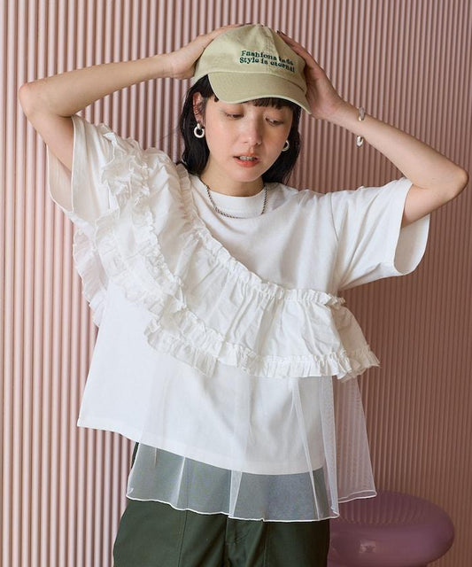 蕾絲褶皺拼接T恤