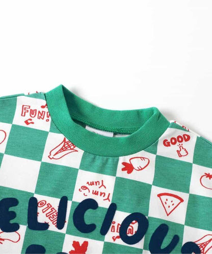 大尺寸水果圖案＆蔬菜方格圖案T恤