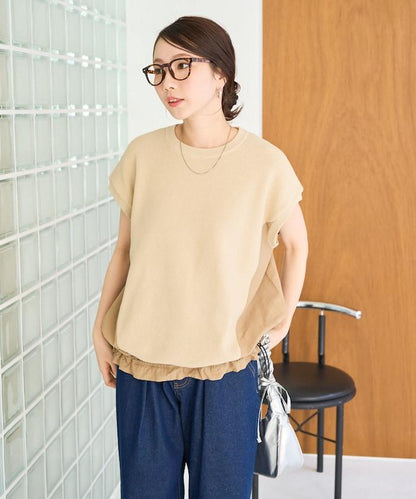 布料 拼接 針織 無袖 帶束腰 套頭衫