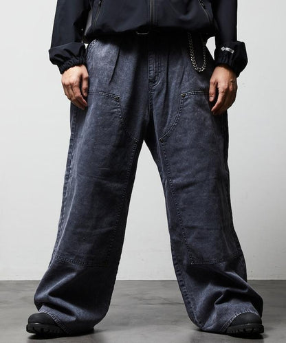 寬鬆直筒 雙膝異色牛仔褲