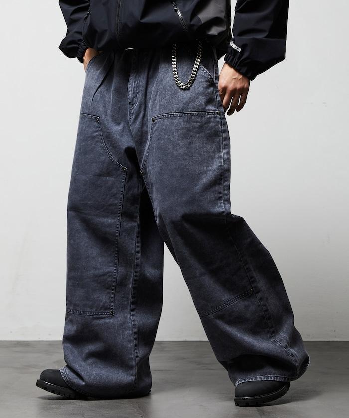 寬鬆直筒 雙膝異色牛仔褲