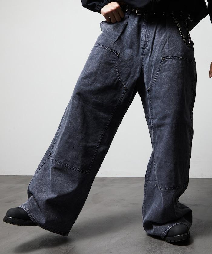 寬鬆直筒 雙膝異色牛仔褲