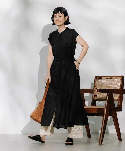 印度 前開式腰帶 法式短袖連衣裙