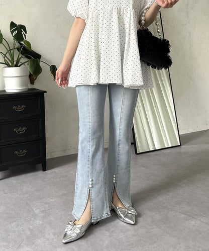 彈力開叉珍珠荷葉邊牛仔褲