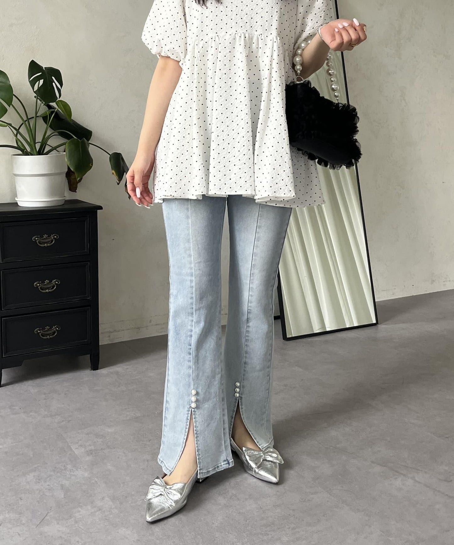 彈力開叉珍珠荷葉邊牛仔褲