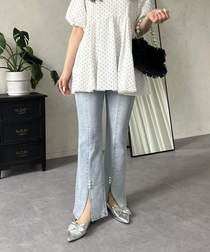 彈力開叉珍珠荷葉邊牛仔褲
