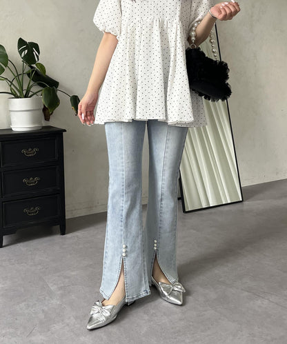 彈力開叉珍珠荷葉邊牛仔褲