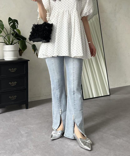 彈力開叉珍珠荷葉邊牛仔褲