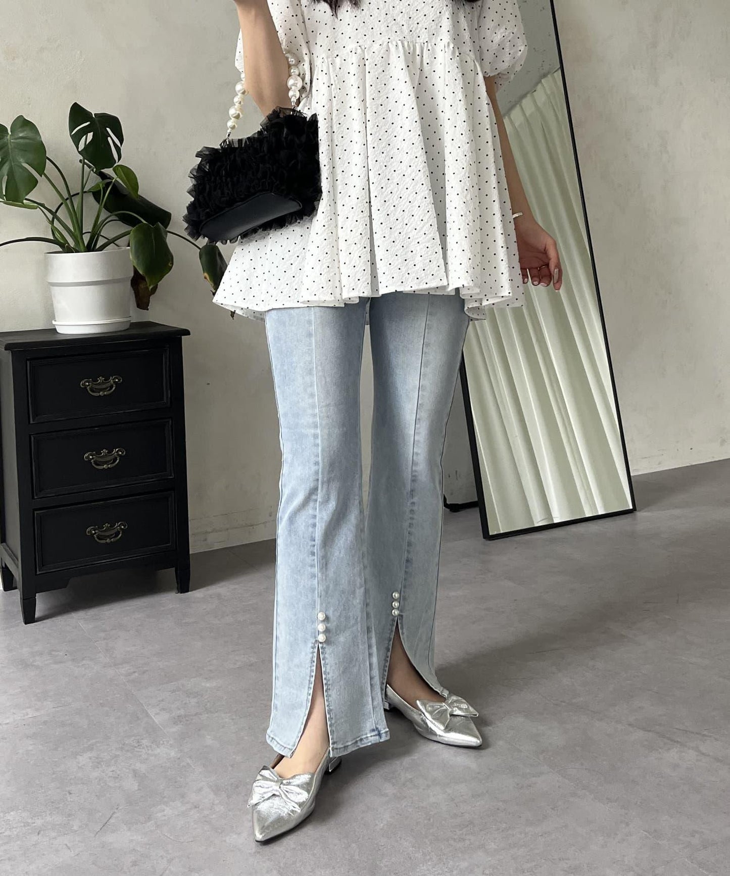 彈力開叉珍珠荷葉邊牛仔褲