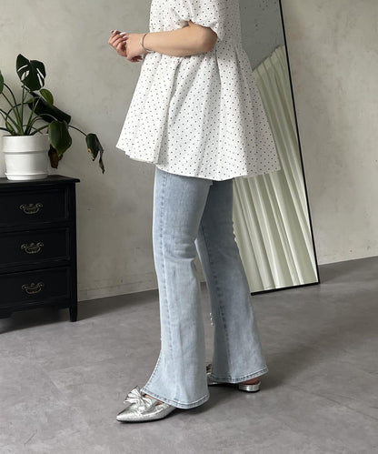彈力開叉珍珠荷葉邊牛仔褲