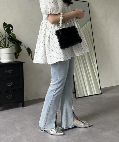 彈力開叉珍珠荷葉邊牛仔褲