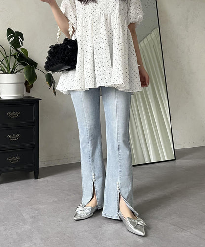 彈力開叉珍珠荷葉邊牛仔褲