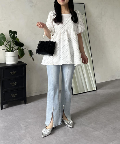 彈力開叉珍珠荷葉邊牛仔褲