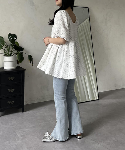 彈力開叉珍珠荷葉邊牛仔褲