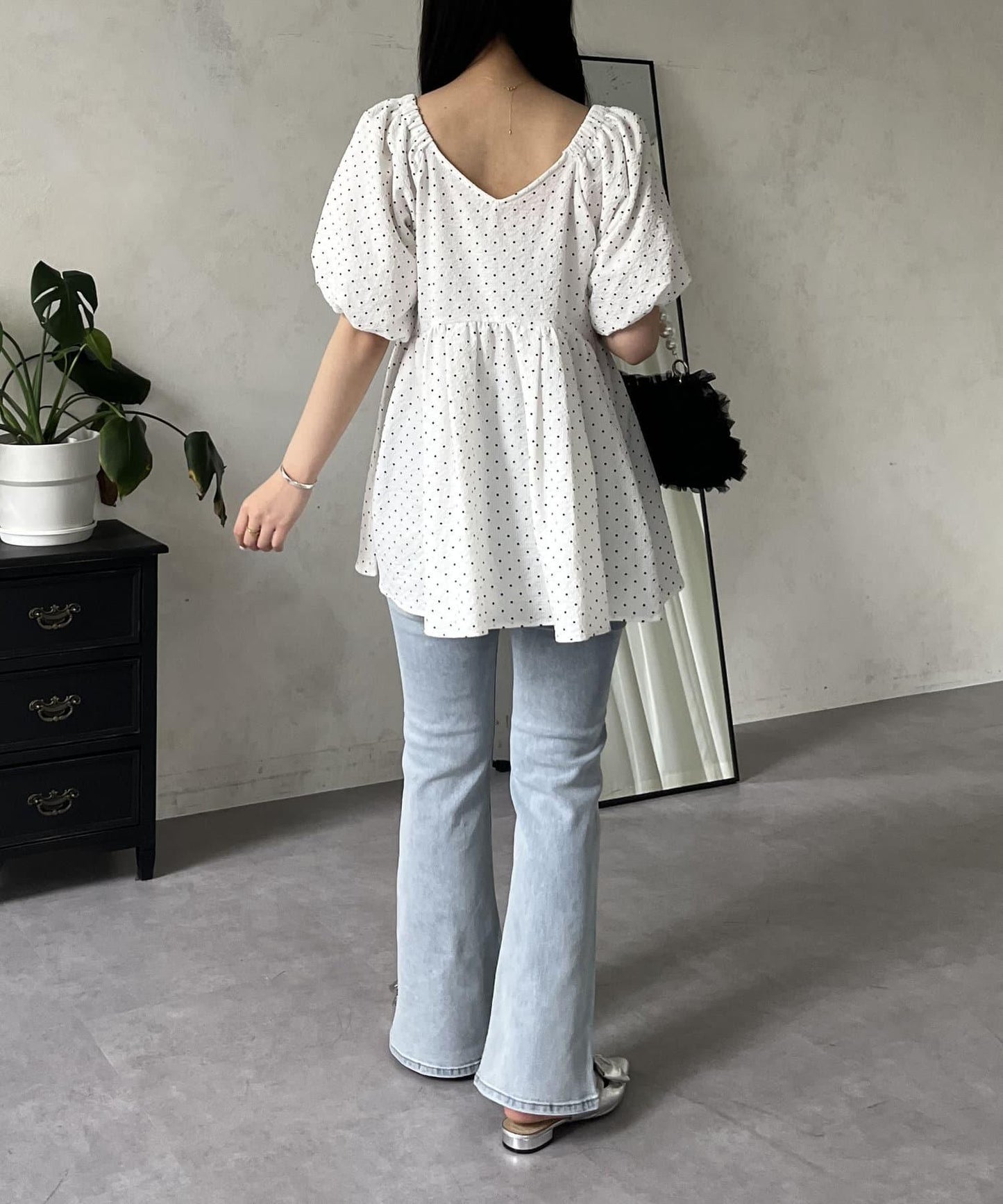 彈力開叉珍珠荷葉邊牛仔褲