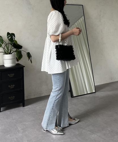 彈力開叉珍珠荷葉邊牛仔褲